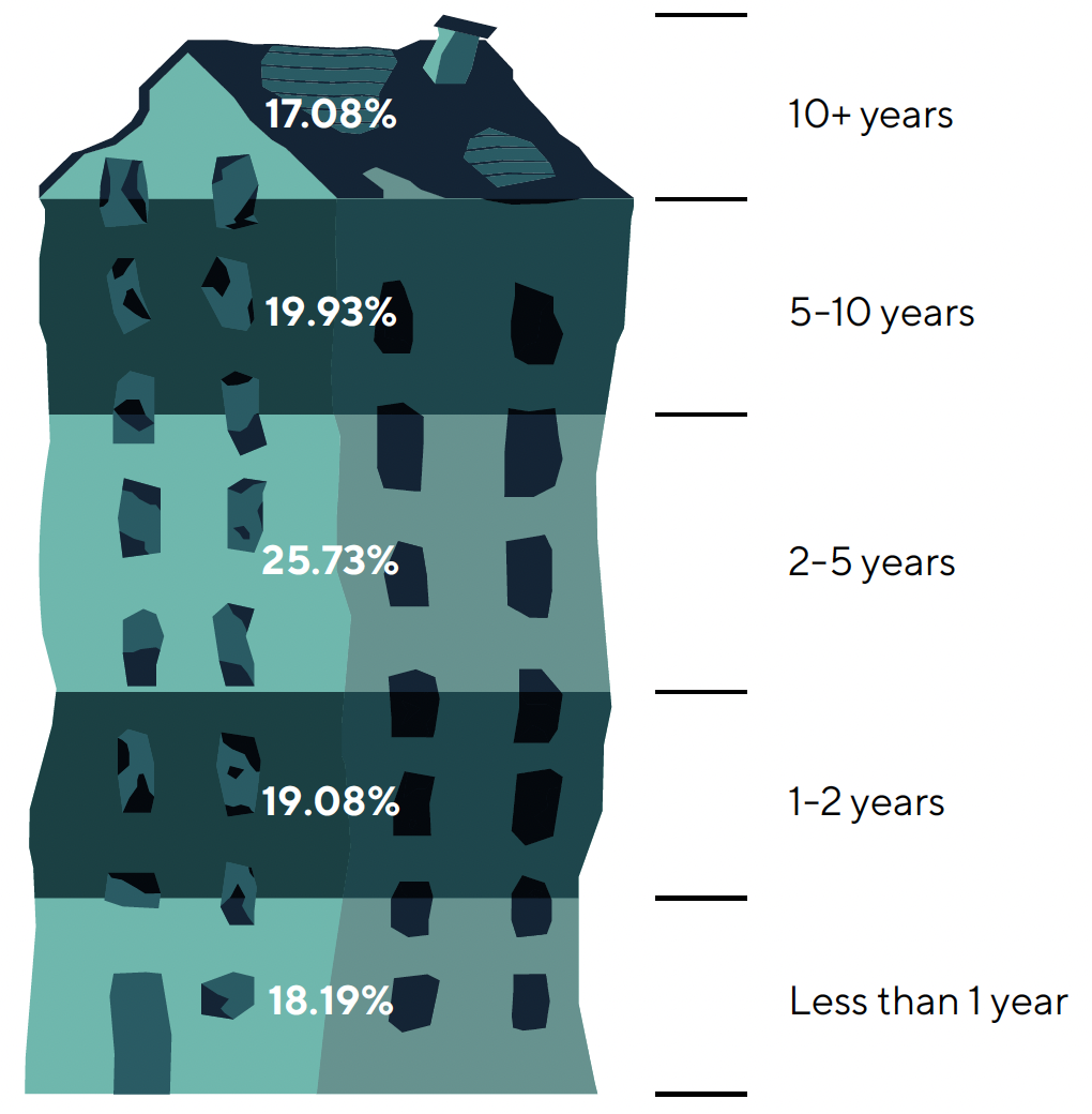 18.19% were empty for less than 1 year. 19.08% were empty for 1-2 years. 25.73% were empty for 2-5 years. 19.93% were empty for 5-10 years. 17.08% were empty for over 10 years.