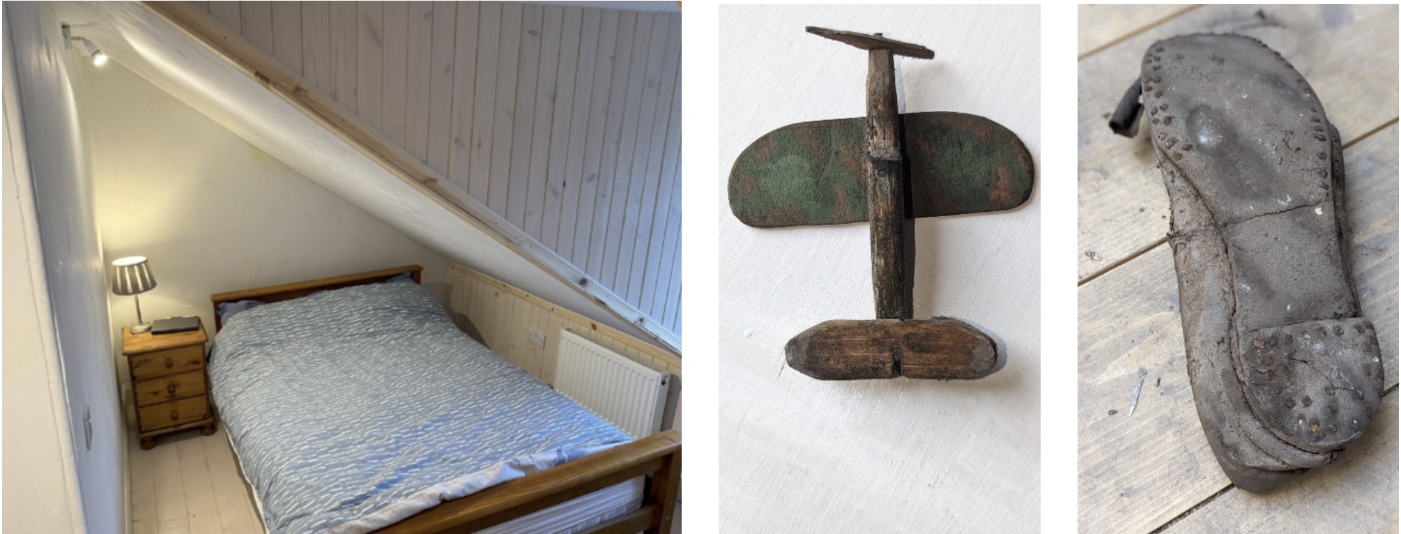 Photo of finished bedroom and discoveries whilst renovating including a small wooden plane and an old shoe