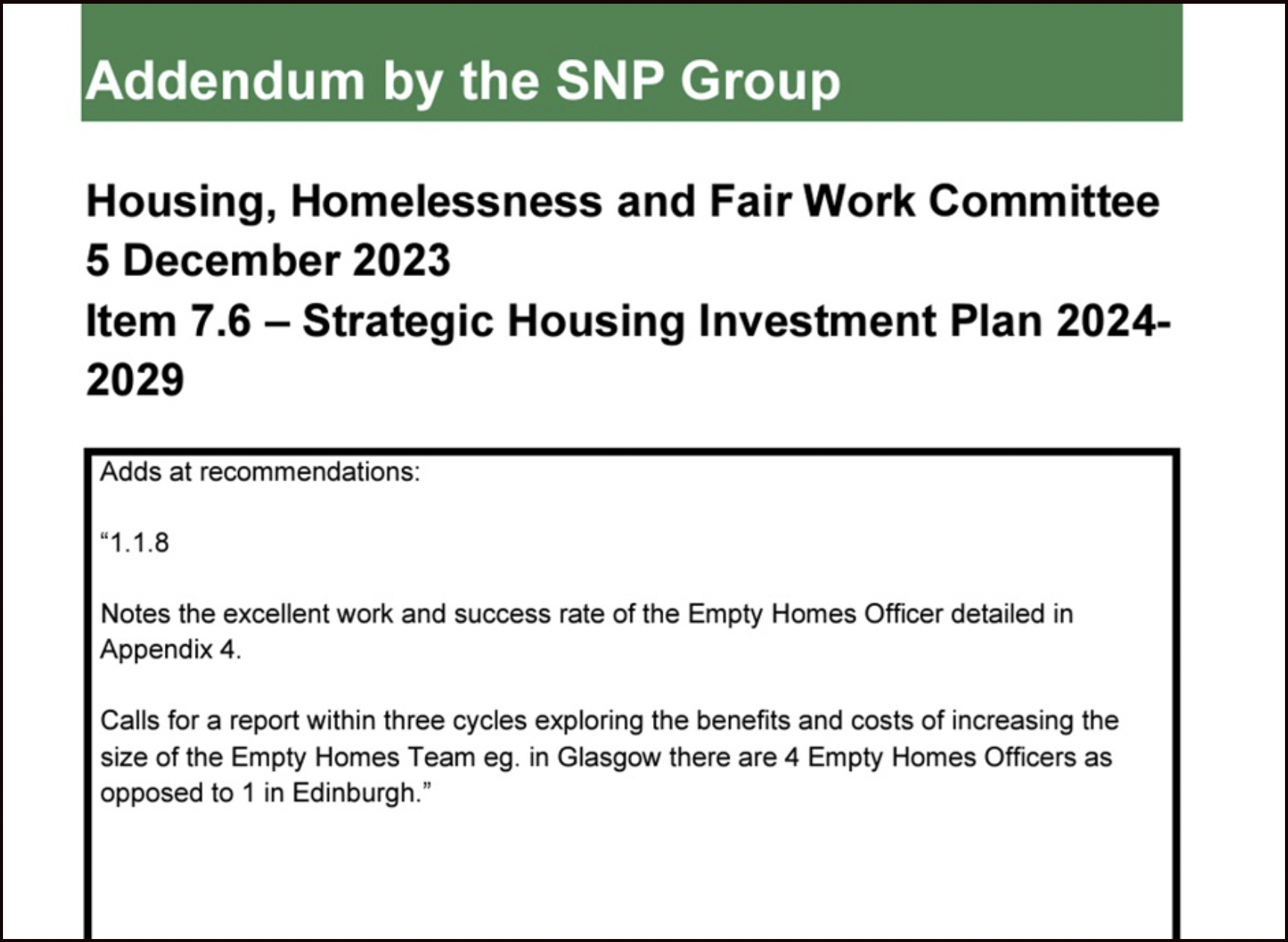 Clipping of addendum by the SNP Group calling for a report within three cycles exploring the benefits and costs of increasing the size of empty homes teams