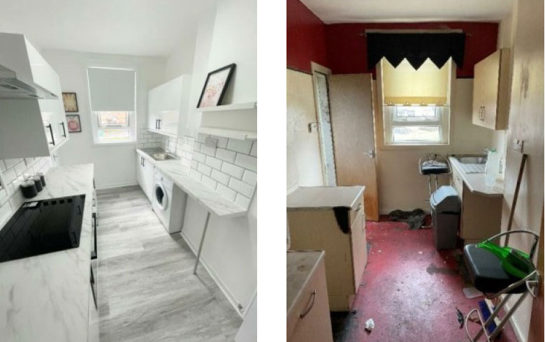 Before and after of once dilapidated kitchen